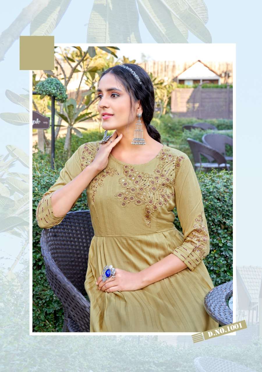 MORNI VOL 1 BY KOODEE BRAND PRESENTS HEAVY RAYON DOBBY HANDWORK, EMBROIDERY AND KHATLIWORK DESIGNER NAYRA STYLE KURTI-1001-C